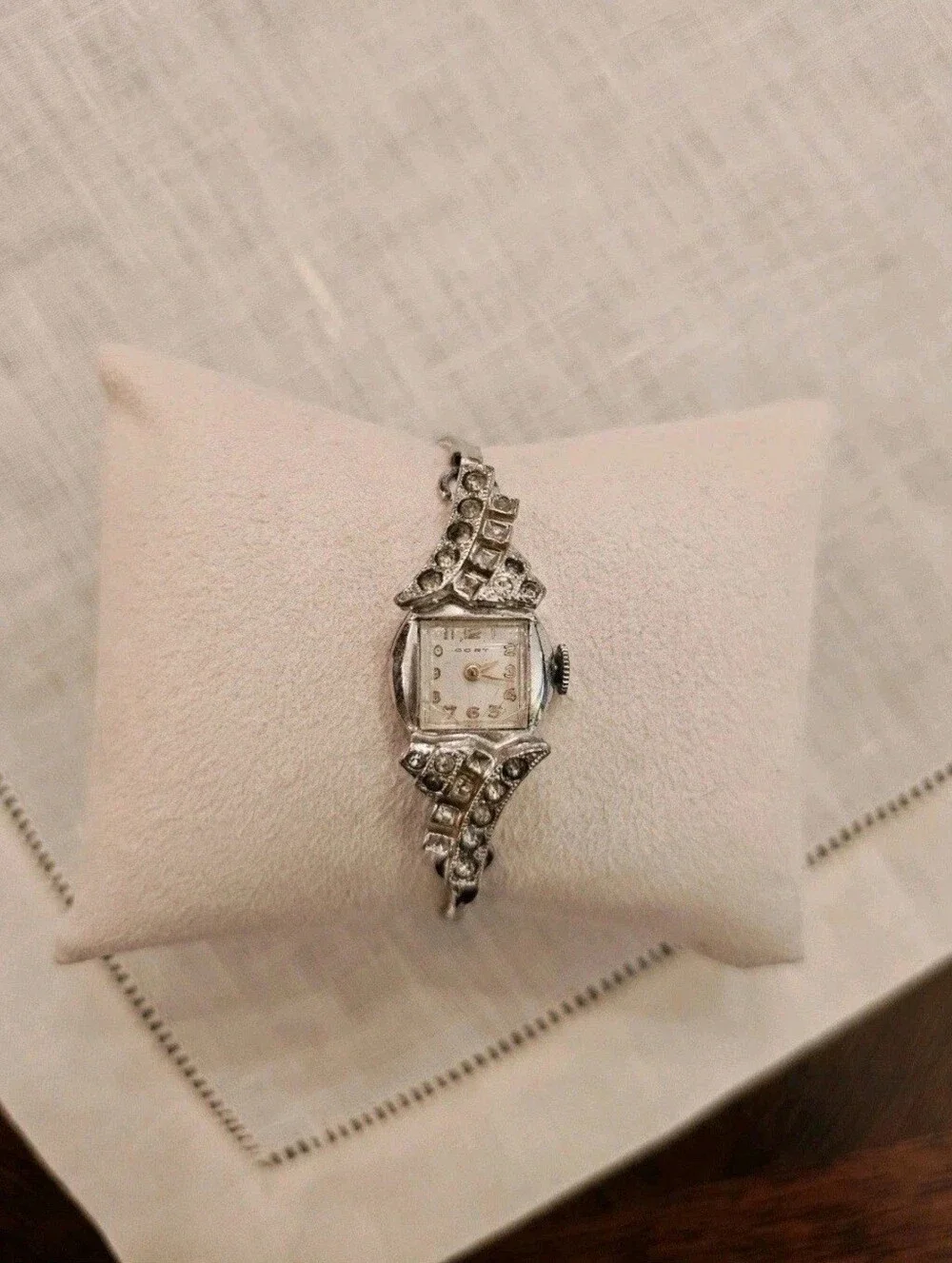 Vintage 40s Cort Art Deco Watch Rhinestone Silver Metal Band Mechanical Mvt Runs